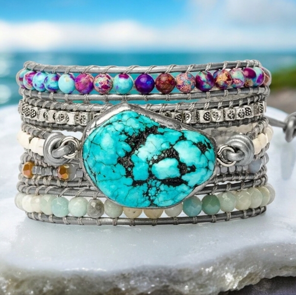 🆕️ Turquoise 🫶 Handmade Wrap Bracelet Boho Style 🦋🌷 - Picture 1 of 4